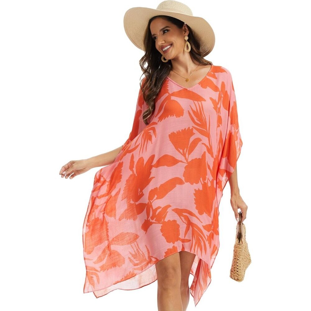 Women's Red Floral 100% Viscose Kaftan Floral Pattern Dress Bathing Swimsuit
